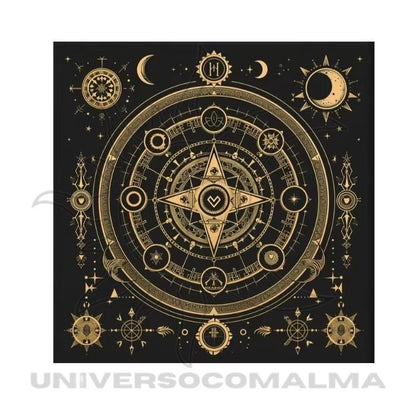 Toalha preta com círculo zodiacal dourado e fases da lua