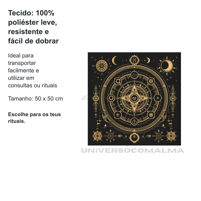 Pano de Mesa de Tarot – Fases da Lua | 50x50cm - Modelo 1 — benefícios, utilização e características