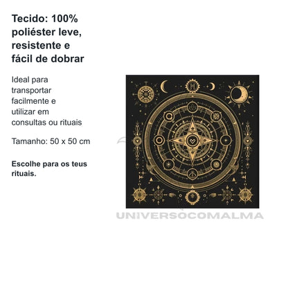 Pano de Mesa de Tarot – Fases da Lua | 50x50cm - Modelo 1 — benefícios, utilização e características