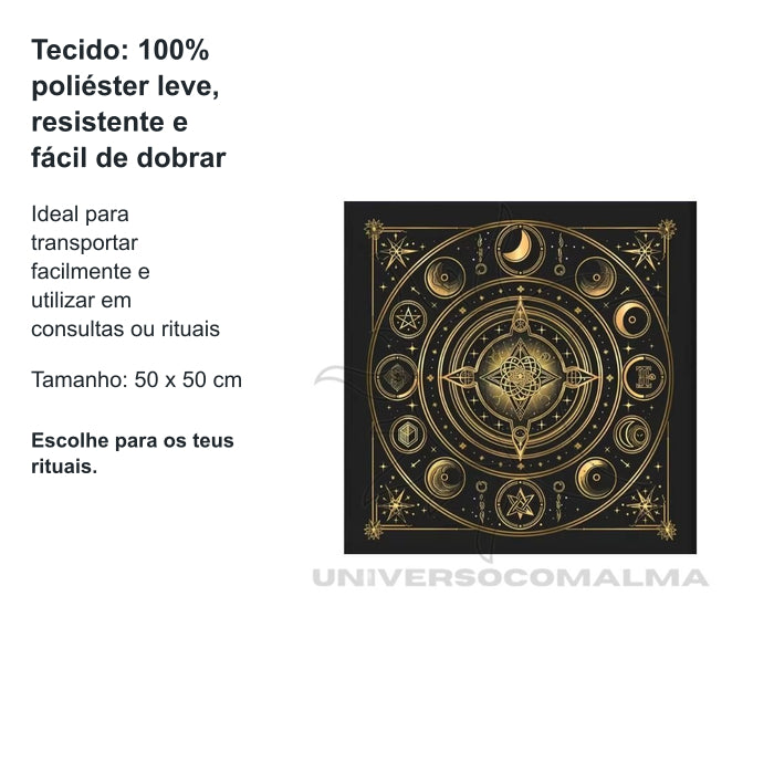 Pano de Mesa de Tarot – Fases da Lua | 50x50cm - Modelo 5 — benefícios, utilização e características