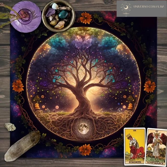 Toalha de Mesa para Cartas de Tarot - Árvore da Vida em Poliéster - 49x49cm - Universo com Alma ®