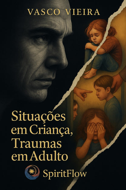 Capa do livro Situações em Criança, Traumas em Adulto, de Vasco Vieira, com rosto de adulto e ilustrações de crianças tristes, obra sobre traumas de infância e cura emocional.
