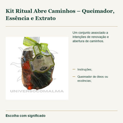 Kit Ritual Abre Caminhos – Queimador, Essência e Extrato — fotografia original e características confirmadas.