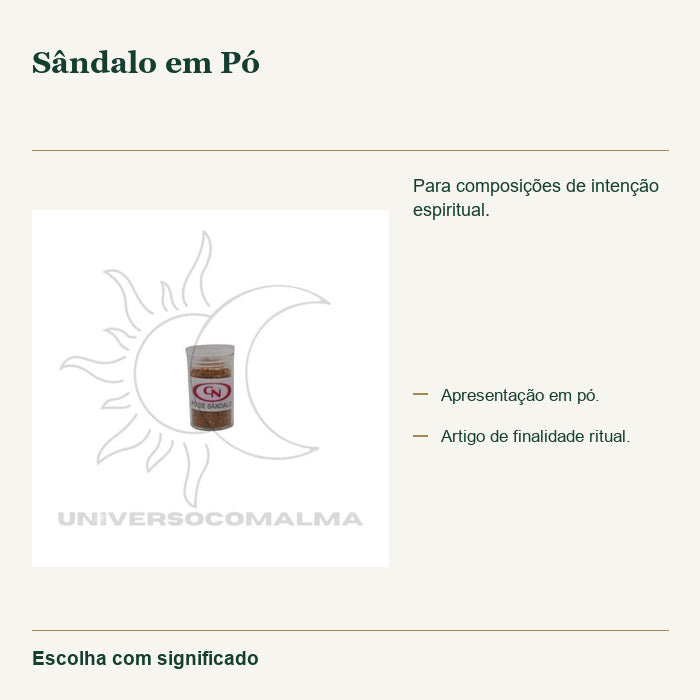 Sândalo em Pó — fotografia original e características confirmadas.