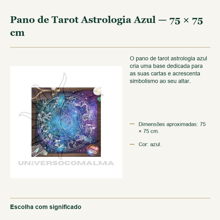 Pano de Tarot Astrologia Azul — 75 × 75 cm — fotografia original e características confirmadas.