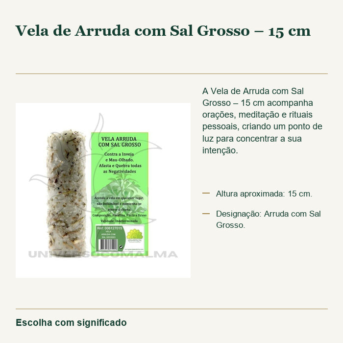 Vela de Arruda com Sal Grosso – 15 cm — fotografia original e características confirmadas.