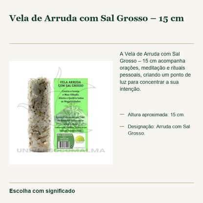 Vela de Arruda com Sal Grosso – 15 cm — fotografia original e características confirmadas.