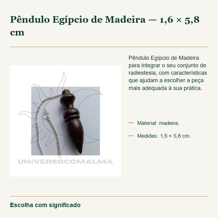 Pêndulo Egípcio de Madeira — 1,6 × 5,8 cm — fotografia original e características confirmadas.