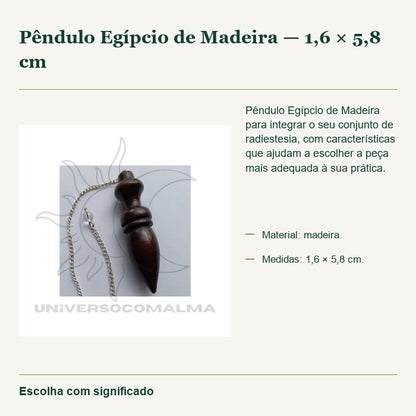 Pêndulo Egípcio de Madeira — 1,6 × 5,8 cm — fotografia original e características confirmadas.
