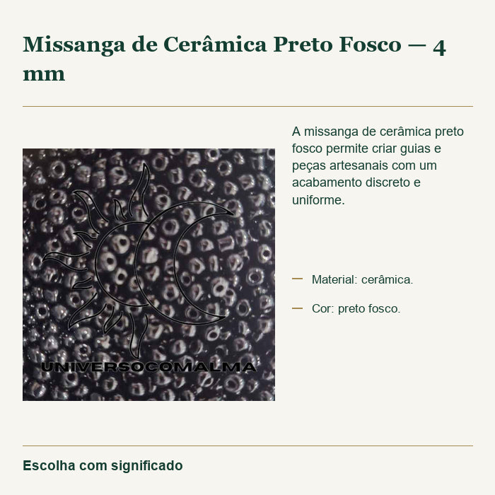 Missanga de Cerâmica Preto Fosco — 4 mm — fotografia original e características confirmadas.