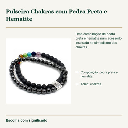 Pulseira Chakras com Pedra Preta e Hematite — fotografia original e características confirmadas.
