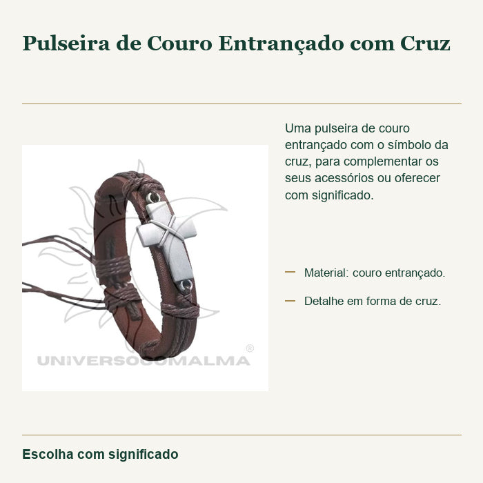 Pulseira de Couro Entrançado com Cruz — fotografia original e características confirmadas.