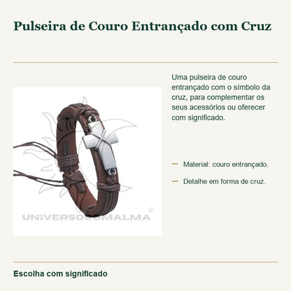 Pulseira de Couro Entrançado com Cruz — fotografia original e características confirmadas.