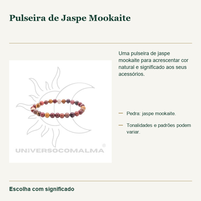 Pulseira de Jaspe Mookaite — fotografia original e características confirmadas.