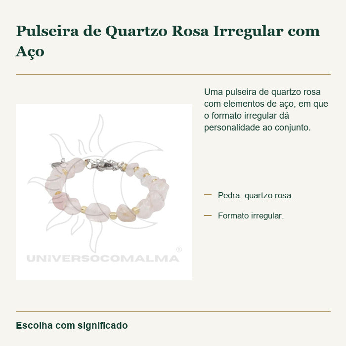 Pulseira de Quartzo Rosa Irregular com Aço — fotografia original e características confirmadas.