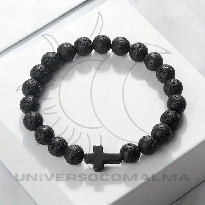 Pulseira Com Cruz, Pedra Natural, Lava Negra, - Universo com Alma ®