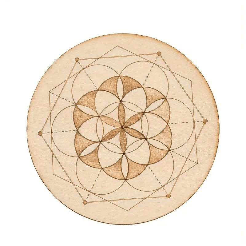 Placa de Pêndulo em Madeira - Mandala de Cristais Hexagonal (10cm) - Universo com Alma ®