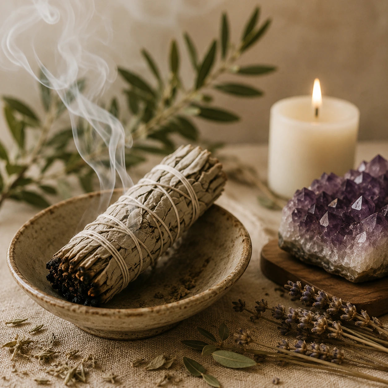 Ritual espiritual com vela acesa, cristais ametista e sálvia para proteção e limpeza energética