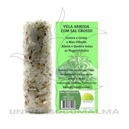 Vela de arruda com sal grosso e embalagem verde