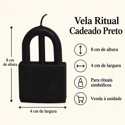 Imagem informativa da vela ritual cadeado preto com 8 cm de altura e 4 cm de largura, vendida à unidade.