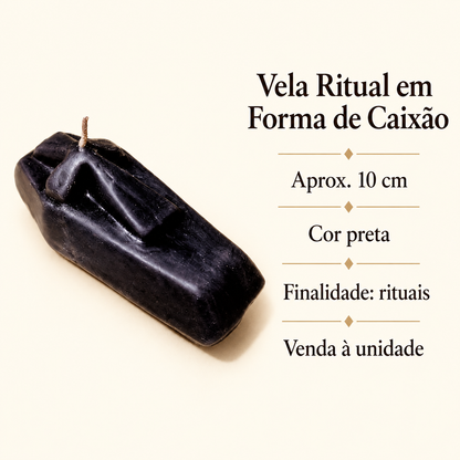 Imagem informativa da vela ritual preta em forma de caixão, com medida aproximada de 10 cm e venda à unidade.