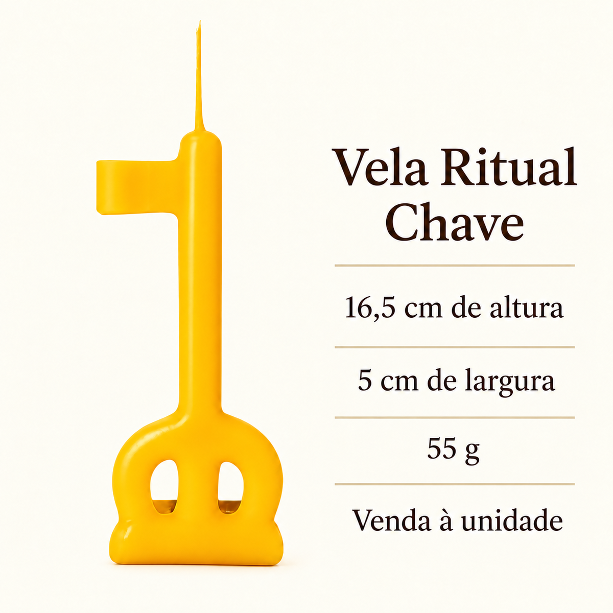 Vela ritual chave amarela com 16,5 cm de altura, 5 cm de largura e peso de 55 g.