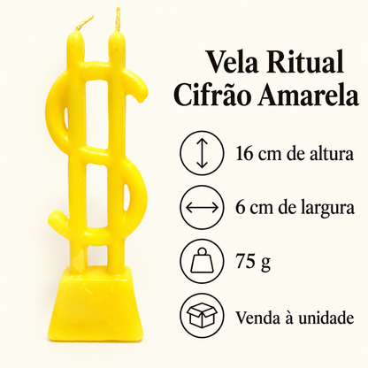 Vela ritual cifrão amarela com 16 cm de altura, 6 cm de largura e peso de 75 g.
