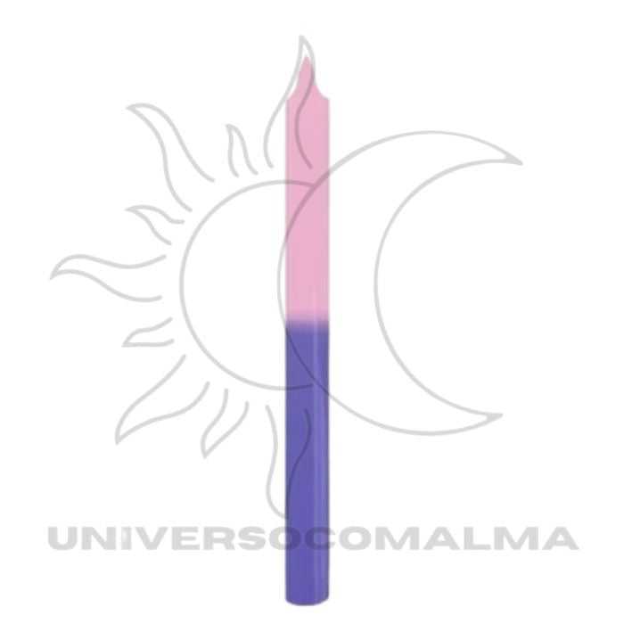 Vela Palito Azul e Rosa - 15cm com design bicolor ideal para decoração de festas e rituais espirituais. Combinação vibrante de azul e rosa.