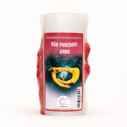 Velão de Ritual Mão Poderosa Amor branco e vermelho com rótulo frontal