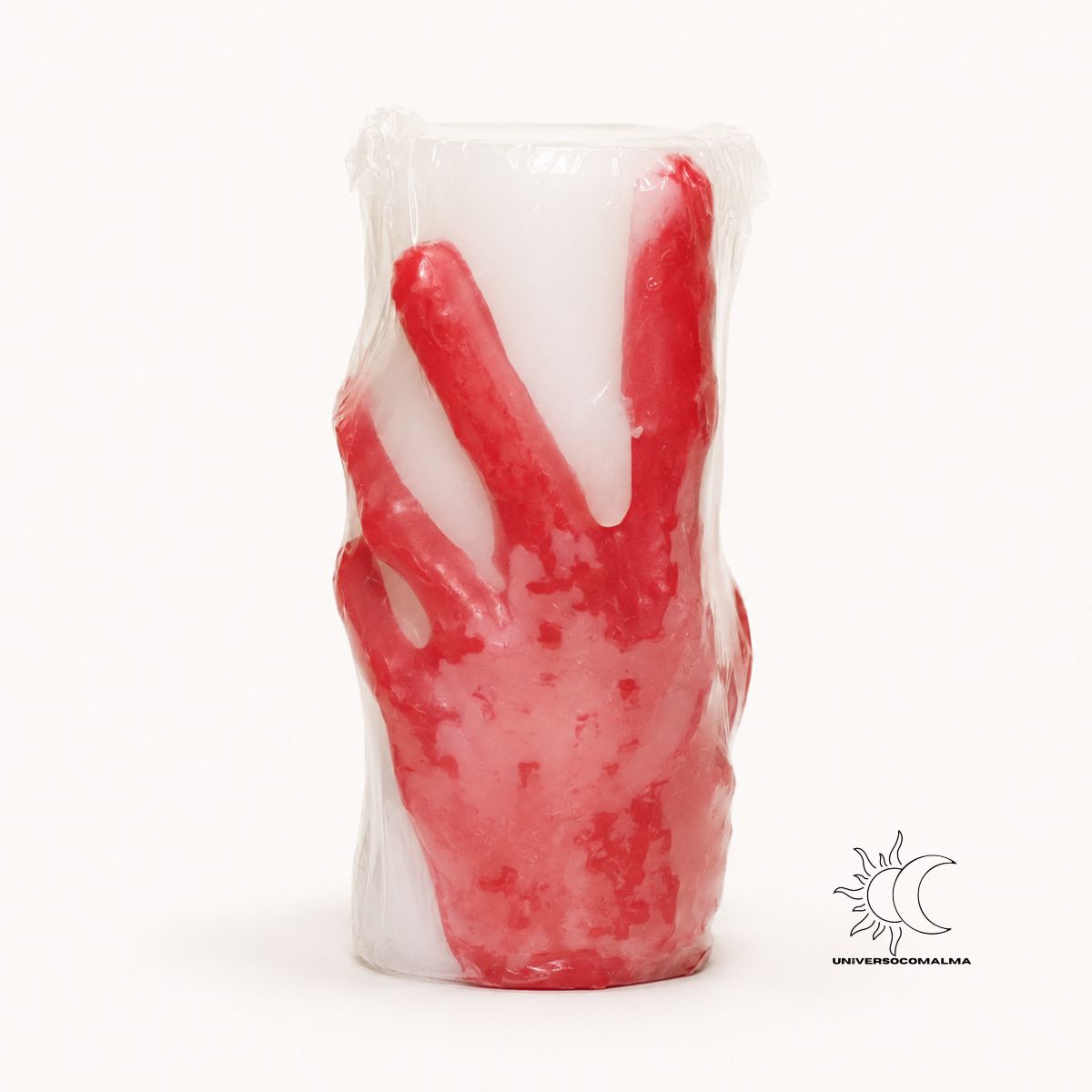 Verso do Velão de Ritual Mão Poderosa Amor branco e vermelho, moldado em forma de mão