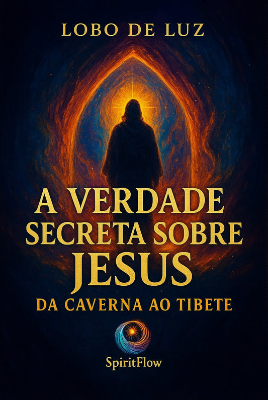 Capa do livro A Verdade Secreta sobre Jesus – Da Caverna ao Tibete, de Lobo de Luz, com figura iluminada em túnel dourado, obra sobre espiritualidade e história de Jesus.