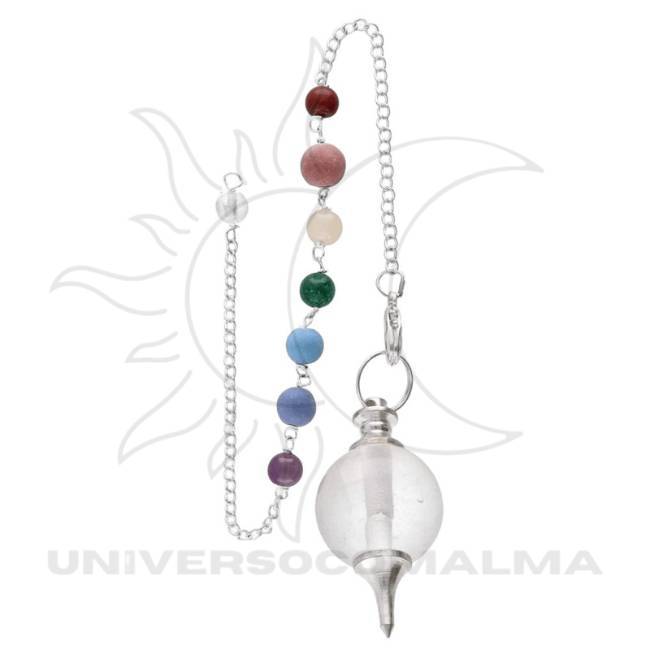 Pêndulo Mermet com Quartzo Branco e Chakras em banho de prata - Universo com Alma ®